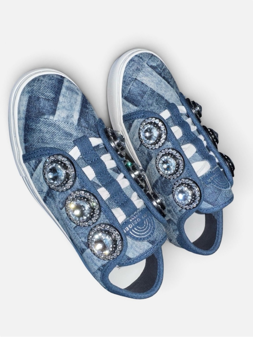 New in box Kurt Geiger Denim Blue Slip-On Sneakers with Crystal Accents